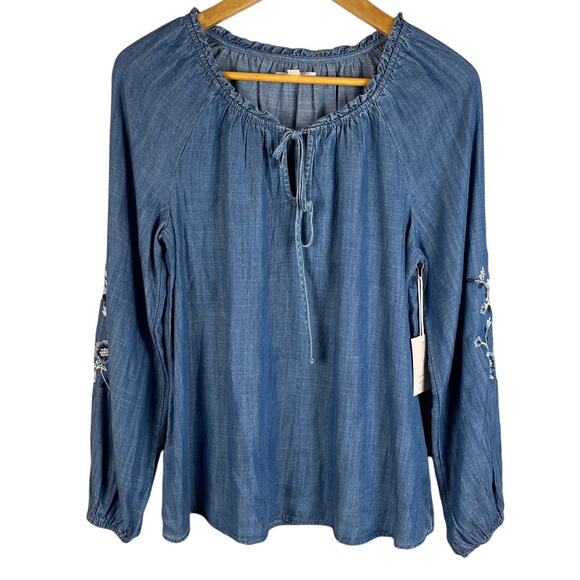 Lauren Conrad Tencel Chambray Floral Embroidered Long Sleeve Swing Top Size XS - Picture 2 of 8